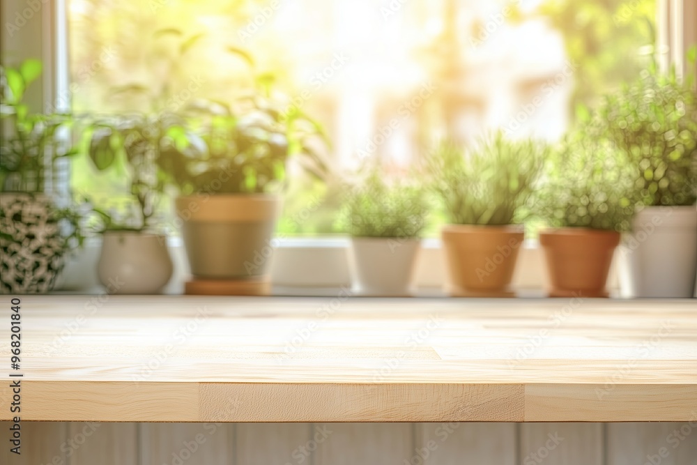 Modern Kitchen Countertop: Organized Storage and Greenery. Empty dinning table with blurred kitchen background Modern Kitchen Countertop: Organized Storage and Greenery. Empty dinning table with blurred kitchen background