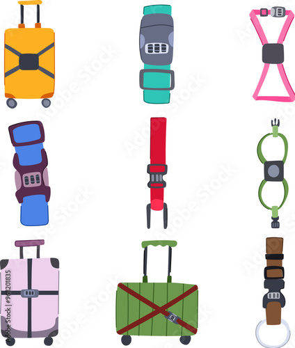 luggage strap set cartoon. durable buckle, baggage belt, nylon elastic luggage strap sign. isolated symbol vector illustration