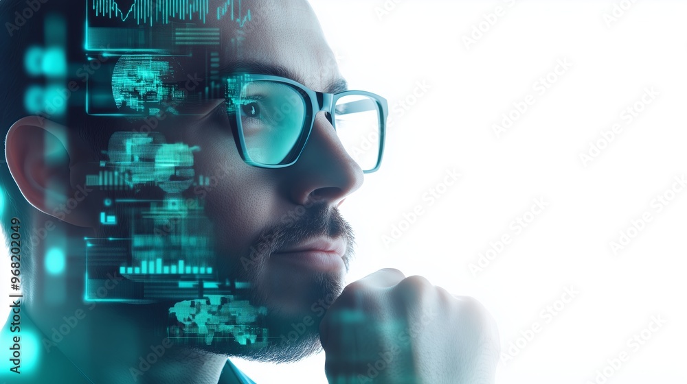Business Professional Examining Futuristic Digital Data and Analytics Interface. Double exposure Business Professional Examining Futuristic Digital Data and Analytics Interface. Double exposure