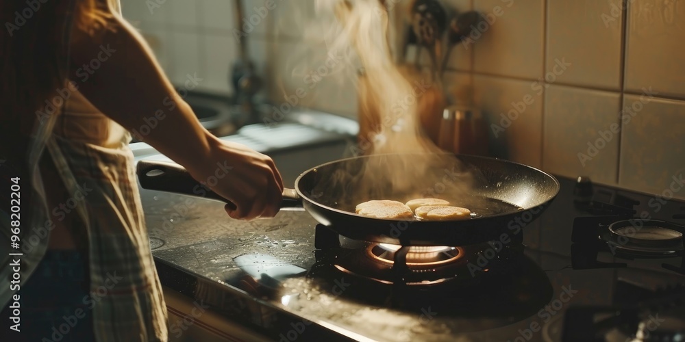 Housewife cooking pancakes in a frying pan on an electric stove Housewife cooking pancakes in a frying pan on an electric stove