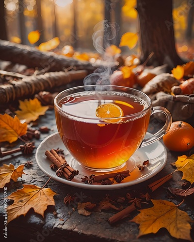 cup of tea with autumn leaves