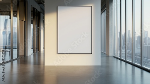 white blank wall poster mockup in office with large windows and concrete floor, large square frame, mock up for artwork, modern design, interior architecture, corporate setting