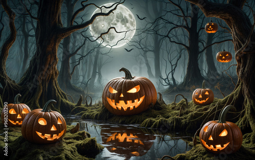 Jack-o-Lantern in spooky swamp with full moon and bats. Halloween background with carved jack-o-latern big pumpkin surrounded by other carved pumpkins photo