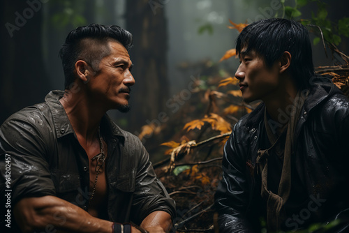 two young asian men on the ground sleeping, forest background