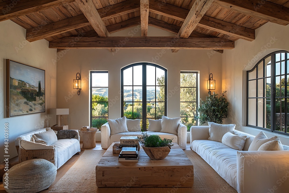 Fototapeta premium ,Warm Mediterranean living room with rustic features and soft lighting,