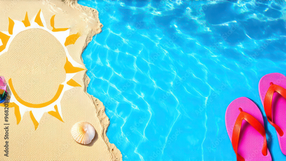 sun drawn on sand next to a pair of flip-flops, sea shells and sea