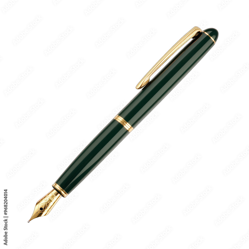 Elegant green fountain pen with a golden nib, perfect for signing documents or journaling. A classic choice for professionals. transparent background Elegant green fountain pen with a golden nib, perfect for signing documents or journaling. A classic choice for professionals. transparent background