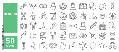 Set of 50 line icons related to genetic, dna, genome, gene, chromosomes, heredity, gender, experiments, swab, microscope, Editable stroke. Vector illustration