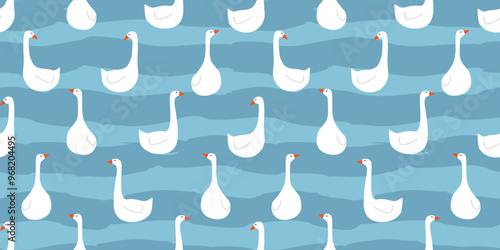 Seamless pattern with white geese swimming in the water on the waves. Cute duck print. Vector graphics.