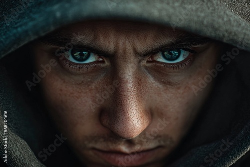 A man wearing a hoodie looks intently at the camera with a stern, angry expression, his face partially shadowed, creating a sense of intensity and focus in the shot.