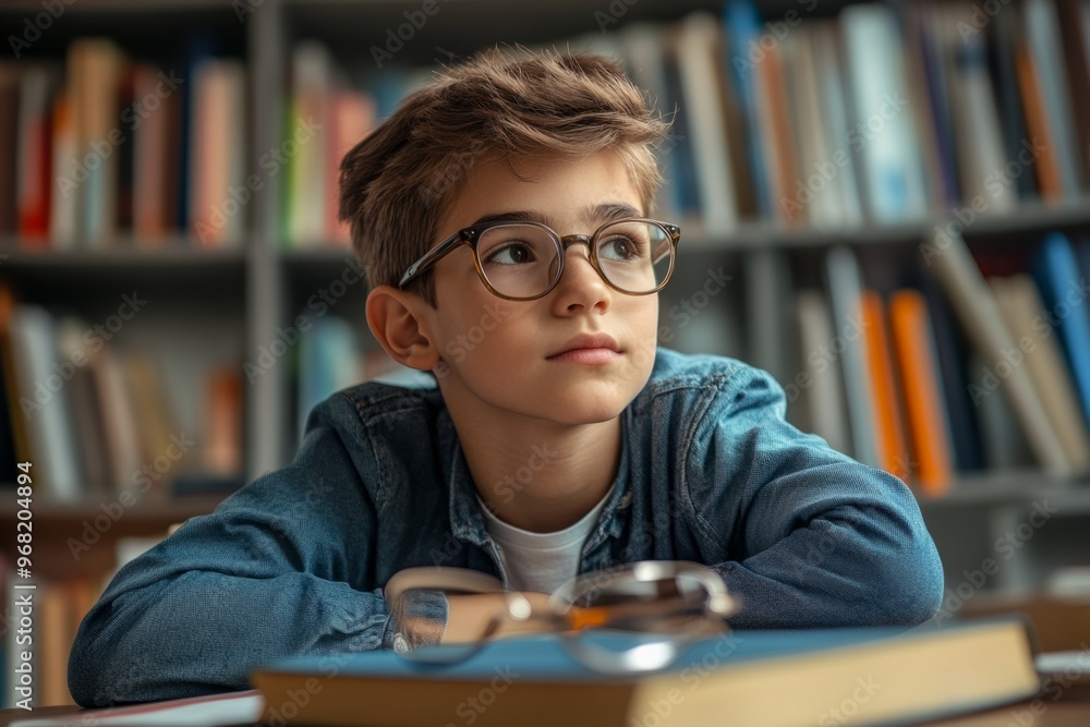 A thoughtful young boy with glasses gazes into the distance. He sits in a library, surrounded by books. His expression reflects curiosity and imagination. Generative AI A thoughtful young boy with glasses gazes into the distance. He sits in a library, surrounded by books. His expression reflects curiosity and imagination. Generative AI