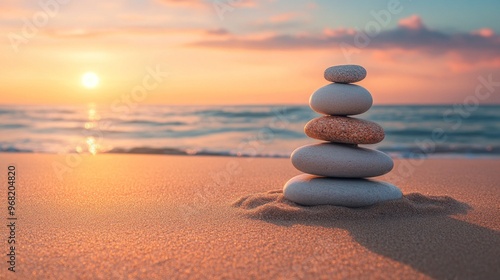 Zen Stones on the Beach at Sunset