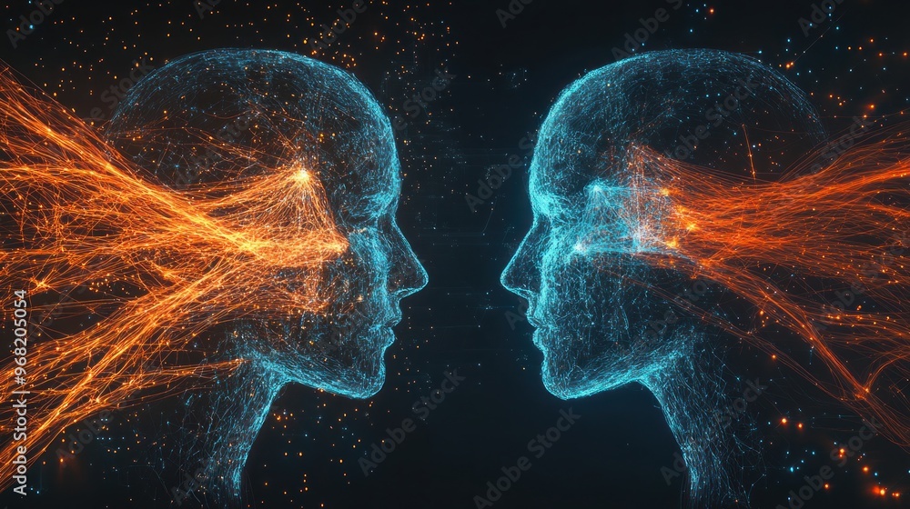 Abstract digital art of two intertwined human heads with glowing energy streams Abstract digital art of two intertwined human heads with glowing energy streams