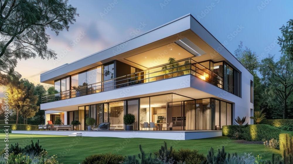 Modern Luxury Villa with Large Windows and a Green Lawn Modern Luxury Villa with Large Windows and a Green Lawn