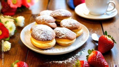 plate of pastries next to a cup of coffee on a wooden table, flowers and strawberries, powdered sugar, donut