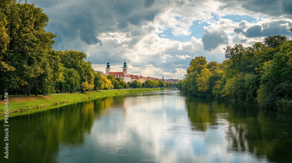River Landscape with Cloudy Sky and Trees River Landscape with Cloudy Sky and Trees