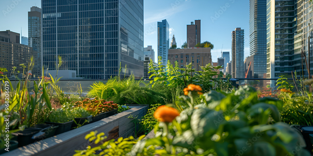 View of Rooftop urban garden with city skyscrapers in the background ...