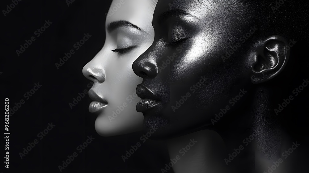 Black and white photograph of two women's faces. One is white with closed eyes, the other has dark skin color Black and white photograph of two women's faces. One is white with closed eyes, the other has dark skin color
