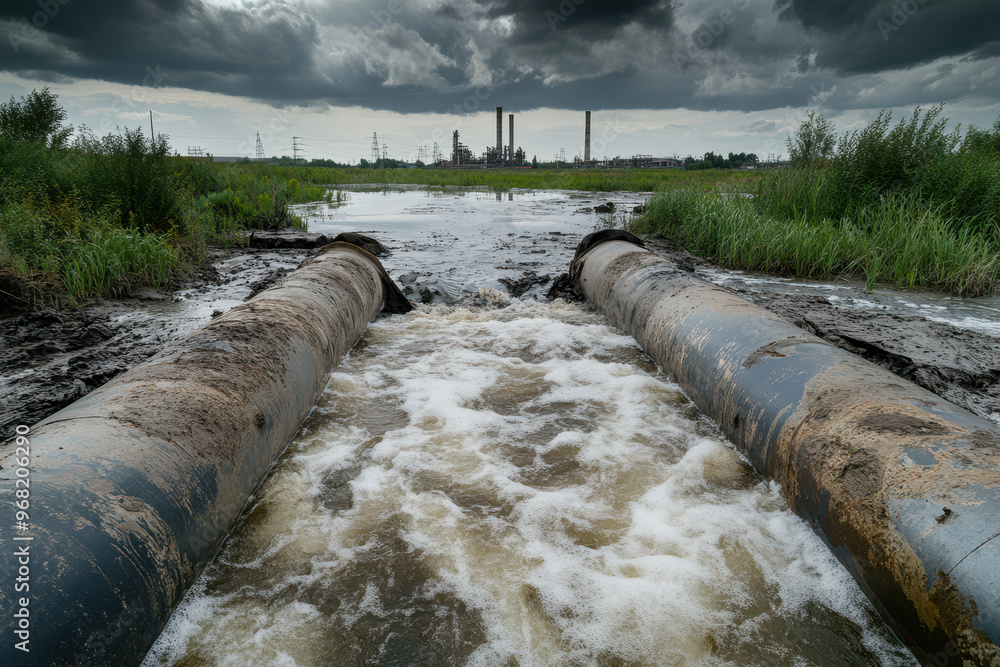 A photo of a river with dirty water flowing through pipes, in the background there is an oil factory and fields, a cloudy sky. A photo of a river with dirty water flowing through pipes, in the background there is an oil factory and fields, a cloudy sky.
