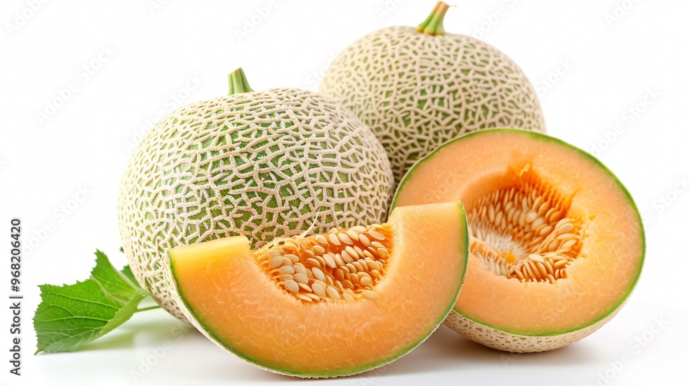 Fresh Ripe Cantaloupe Melon Slices on White Background Fresh Ripe Cantaloupe Melon Slices on White Background