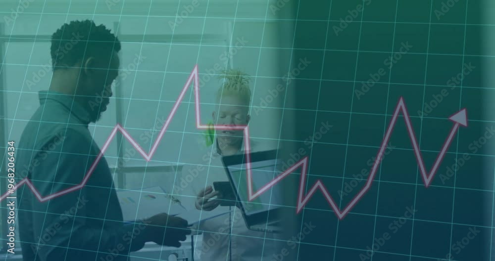 Animation of financial data processing over diverse colleagues discussing work in office Animation of financial data processing over diverse colleagues discussing work in office