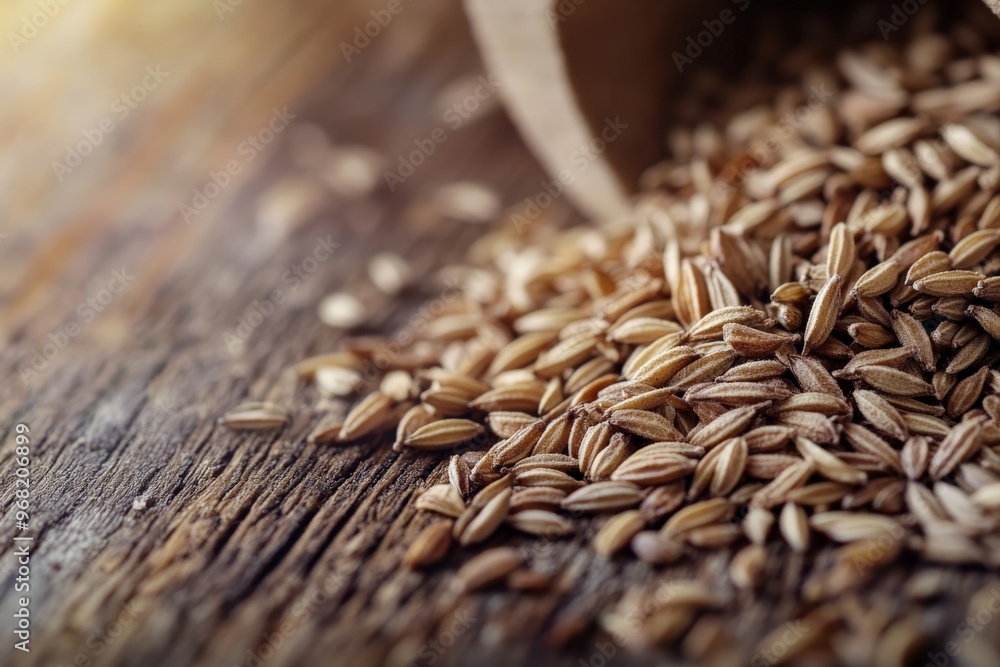 A visually appealing image of cumin seeds spilling out from a container onto a rustic wooden surface, highlighting the contrast between the seeds and the wood texture. A visually appealing image of cumin seeds spilling out from a container onto a rustic wooden surface, highlighting the contrast between the seeds and the wood texture.