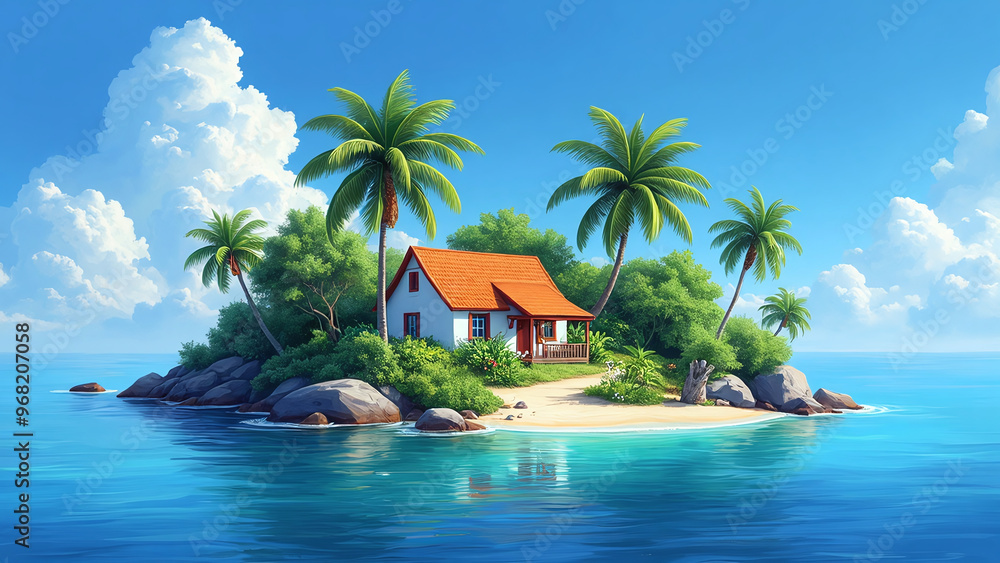 Idyllic Tropical Island with Hut and Palm Trees