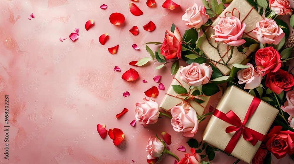 Banner with beautiful roses and gift, congratulations Banner with beautiful roses and gift, congratulations