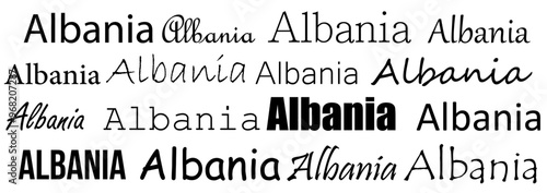 The artwork showcases the word Albania displayed in multiple font styles, sizes, and weights, emphasizing creative typography and design elements used for textual representation.