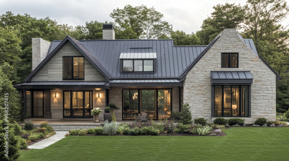 © Aliaksandra - modern farmhouse design, charming modern farmhouse with metal roof and black window frames, combining contemporary and traditional styles © Aliaksandra - modern farmhouse design, charming modern farmhouse with metal roof and black window frames, combining contemporary and traditional styles