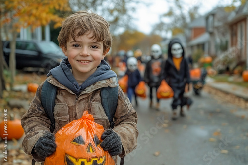 Child Holding Orange Pumpkin Bag photo