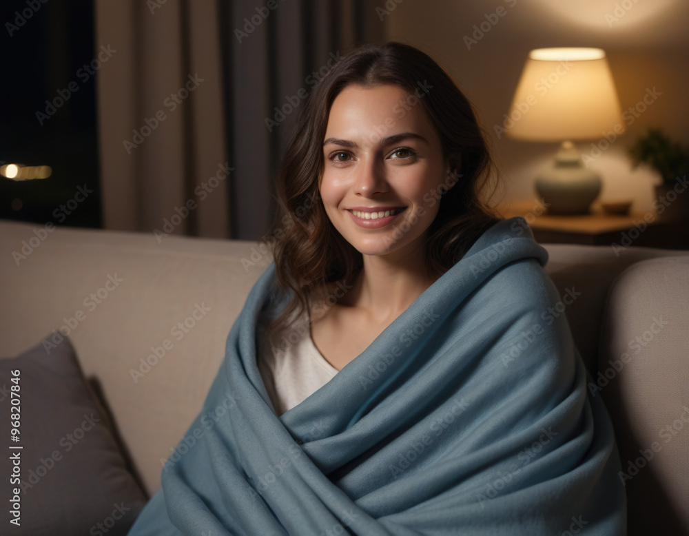 Cozy and Inviting: A Woman Wrapped in a Blanket Smiling at the Camera in Soft, Warm Lighting Cozy and Inviting: A Woman Wrapped in a Blanket Smiling at the Camera in Soft, Warm Lighting