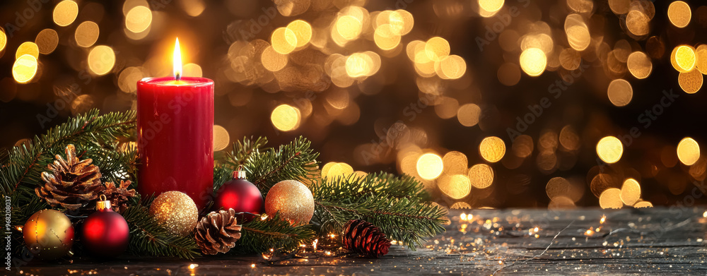 Warm Holiday Spirit. A festive display of a glowing red candle, pine branches, and golden ornaments against a backdrop of twinkling lights.
Warm Holiday Spirit. A festive display of a glowing red candle, pine branches, and golden ornaments against a backdrop of twinkling lights.