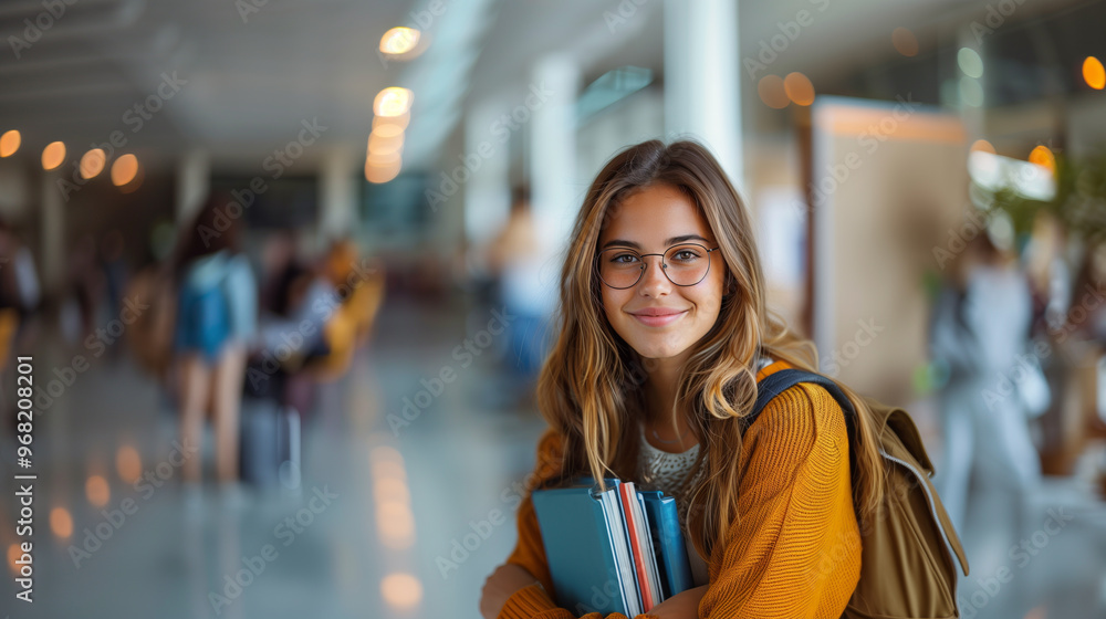Attractive student 18s girl standing in library in higher institution. Successful excellent learner, scholarship, good quality education concept Attractive student 18s girl standing in library in higher institution. Successful excellent learner, scholarship, good quality education concept
