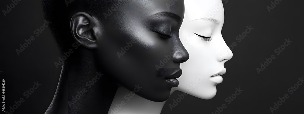 Black and white photograph of two women's faces. One is white with closed eyes, the other has dark skin color Black and white photograph of two women's faces. One is white with closed eyes, the other has dark skin color