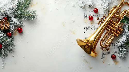 A golden trumpet on a sheet of music with Christmas decorations and snow. . Generated with AI