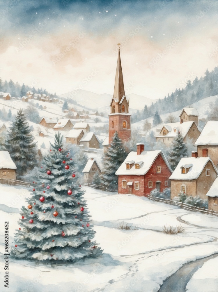 Serene Winter Village with Snowy Wooden Cabins and a Brightly Decorated Christmas Tree – Perfect Christmas Greeting Card for Festive Holiday Cheer Serene Winter Village with Snowy Wooden Cabins and a Brightly Decorated Christmas Tree – Perfect Christmas Greeting Card for Festive Holiday Cheer