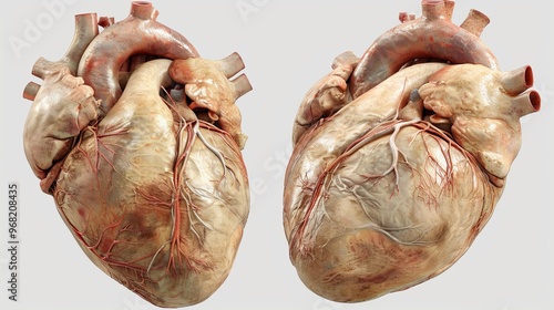 Anatomical illustration of the human heart from two angles, showing major arteries and structures. photo