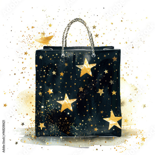 Perfect total black cardboard paper bag with gold stars and shimmer around, white background. Watercolor illustration.