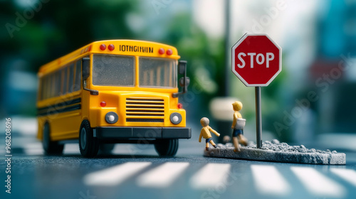 Close up yellow school bus. mock up Stop sign.  photo