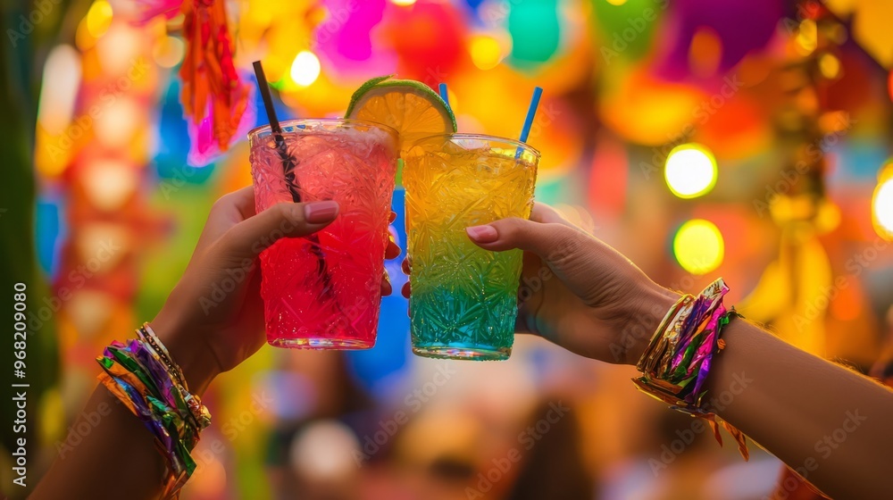 Obraz premium Colorful Cocktails in Hands at Festive Party with Bokeh Lights