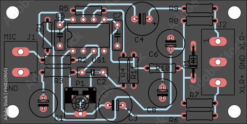 Vector printed circuit board of electronic 
device with components of radio elements, 
conductors and contact pads placed on it. 
Engineering technical drawing. Pcb template.
Electric background.