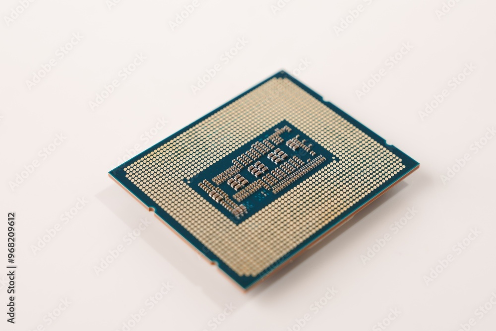 The image features the back of a computer processor with gold pins, set against a white background. This small square chip connects to the motherboard, executing computer program instructions. The image features the back of a computer processor with gold pins, set against a white background. This small square chip connects to the motherboard, executing computer program instructions.