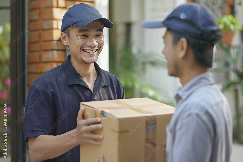 Man, courier and home for giving package, ecommerce or delivery with smile, customer experience or outdoor. Logistics service, shipping and guy with gratitude, happy and receiving box at house door Man, courier and home for giving package, ecommerce or delivery with smile, customer experience or outdoor. Logistics service, shipping and guy with gratitude, happy and receiving box at house door