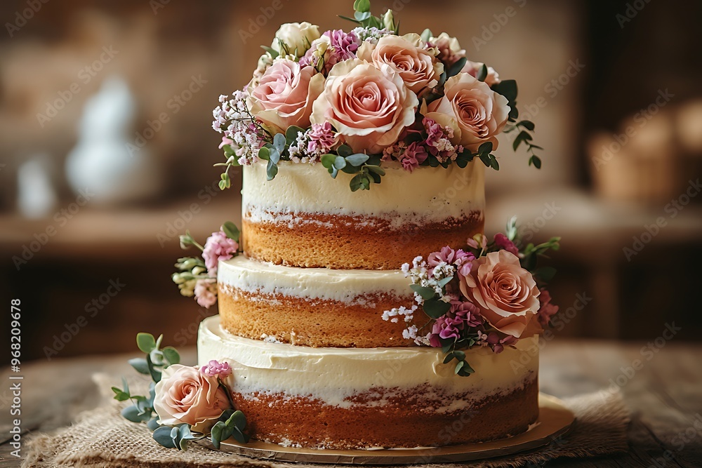 A rustic three-tiered wedding cake adorned with fresh flowers on a wooden table. A rustic three-tiered wedding cake adorned with fresh flowers on a wooden table.