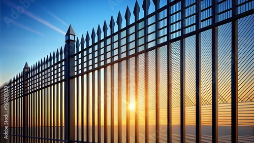 Steel fence with pointed top against a sunset sky in a vibrant outdoor setting photo