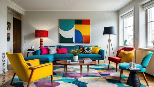 multicolored mid-century modern living room with brightly colored furniture and a large bright window