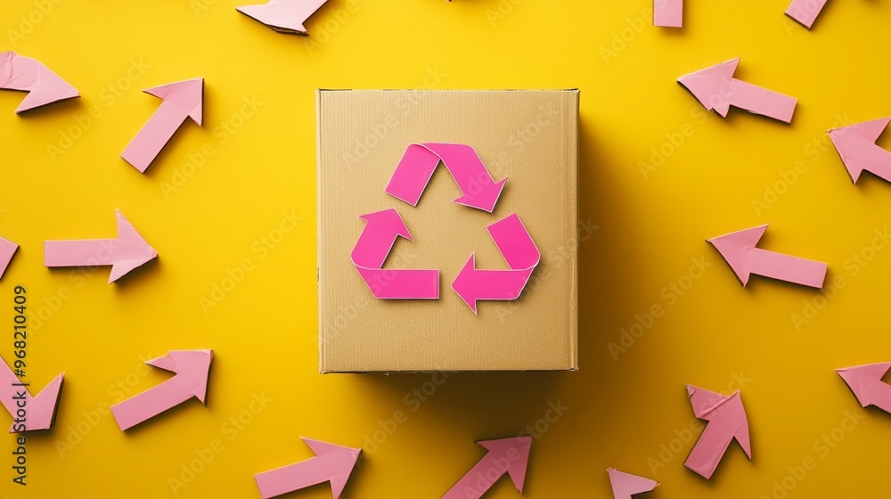Cardboard box surrounded by pink recycling arrows on a yellow background, representing eco-friendly practices and sustainability. Cardboard box surrounded by pink recycling arrows on a yellow background, representing eco-friendly practices and sustainability.