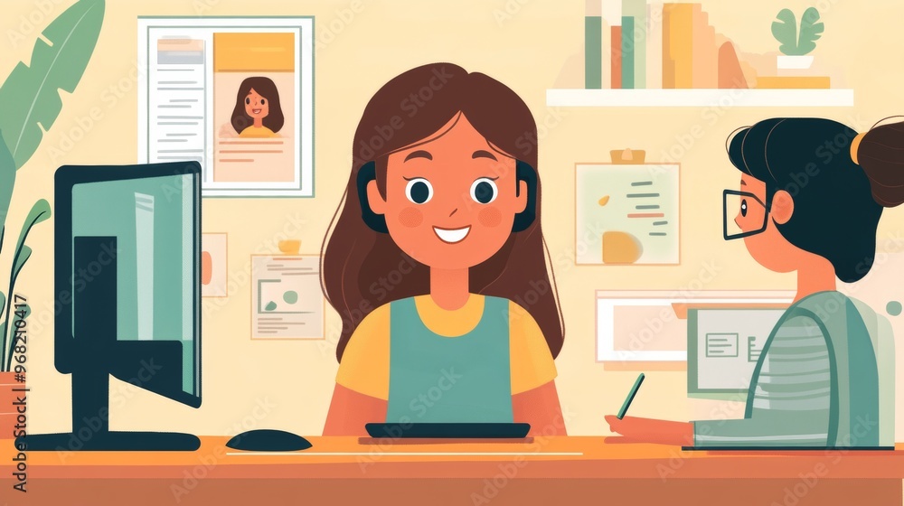 Cartoon vector illustrations of a native speaker video conferencing with a student. The girl is learning a foreign language through multicultural online education in a virtual setting. Cartoon vector illustrations of a native speaker video conferencing with a student. The girl is learning a foreign language through multicultural online education in a virtual setting.