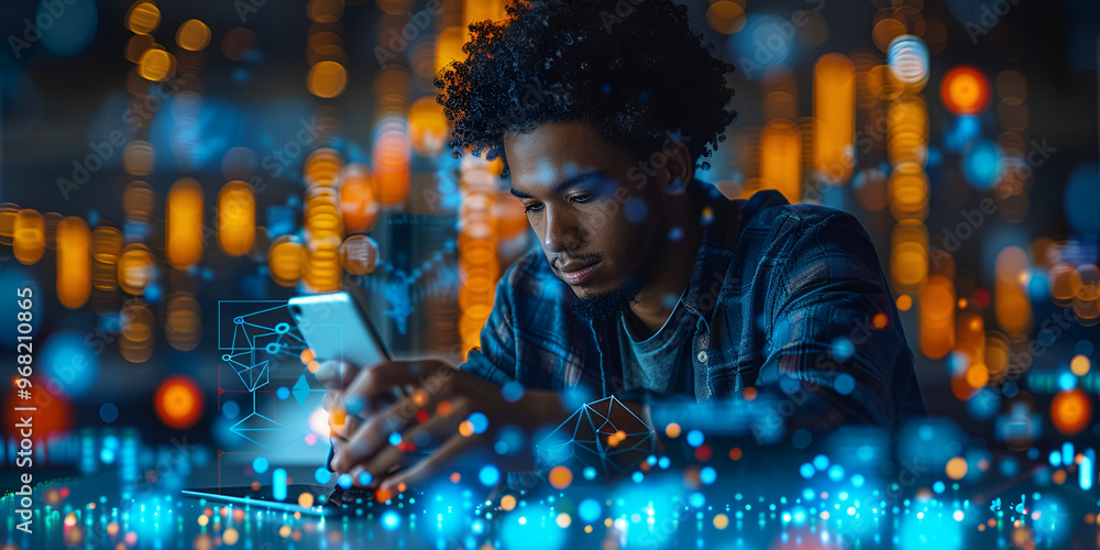 Young man using smartphone surrounded by digital data and lights
Artificial intelligence and digital technology represented by young man
Young man using smartphone surrounded by digital data and lights
Artificial intelligence and digital technology represented by young man